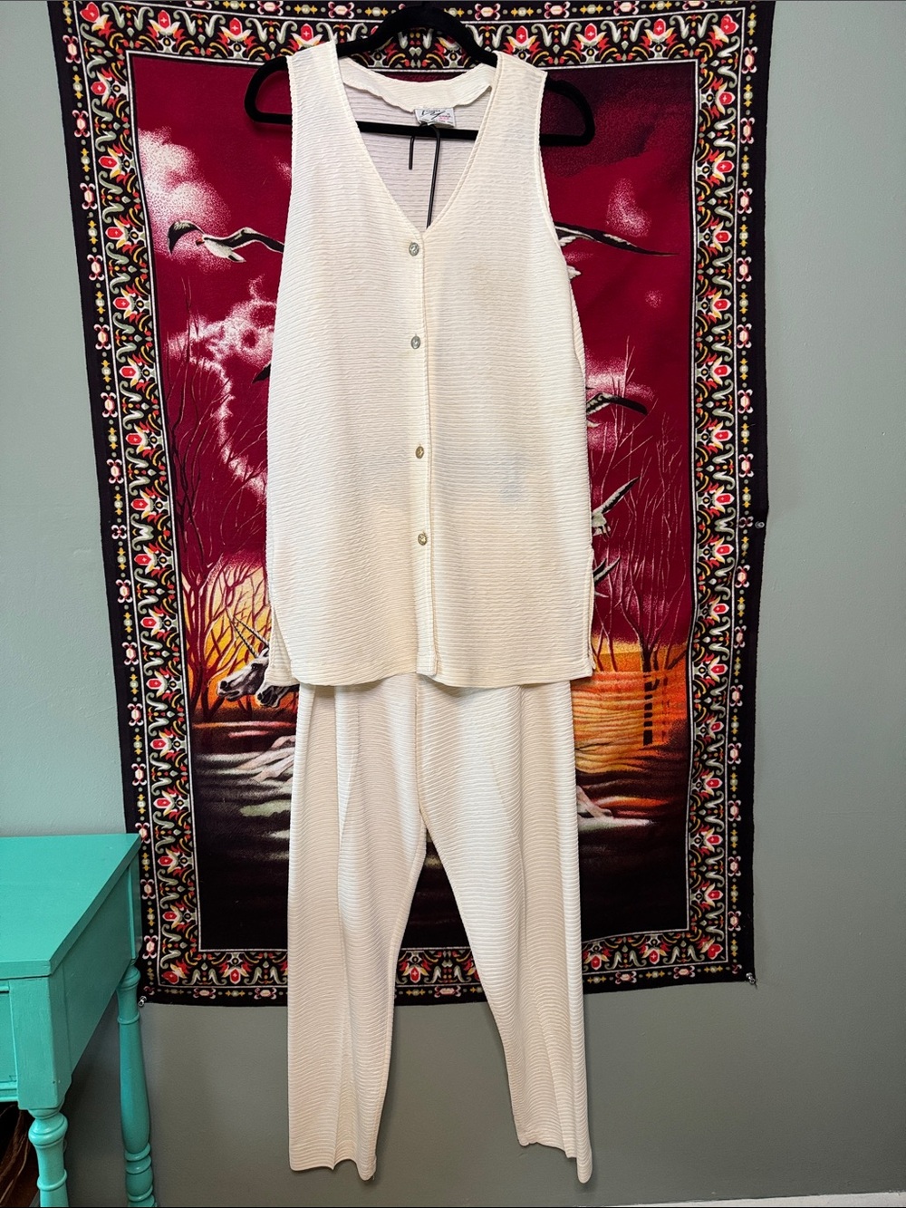 vintage Forever Young cream ribbed button-front tank + matching pants